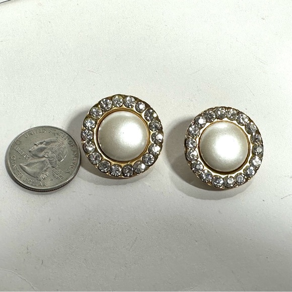 Classic Clip On Simulated Pearl Earrings Encircled w Rhinestones Dressy Look - Picture 3 of 5